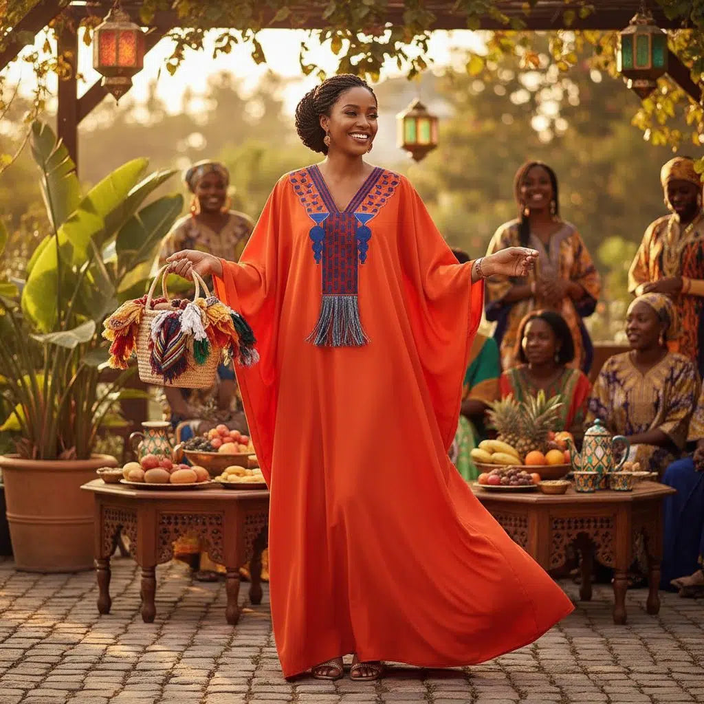 Tunique brodée femme orange – Élégance ethnique chic, pagne tissé artisanal