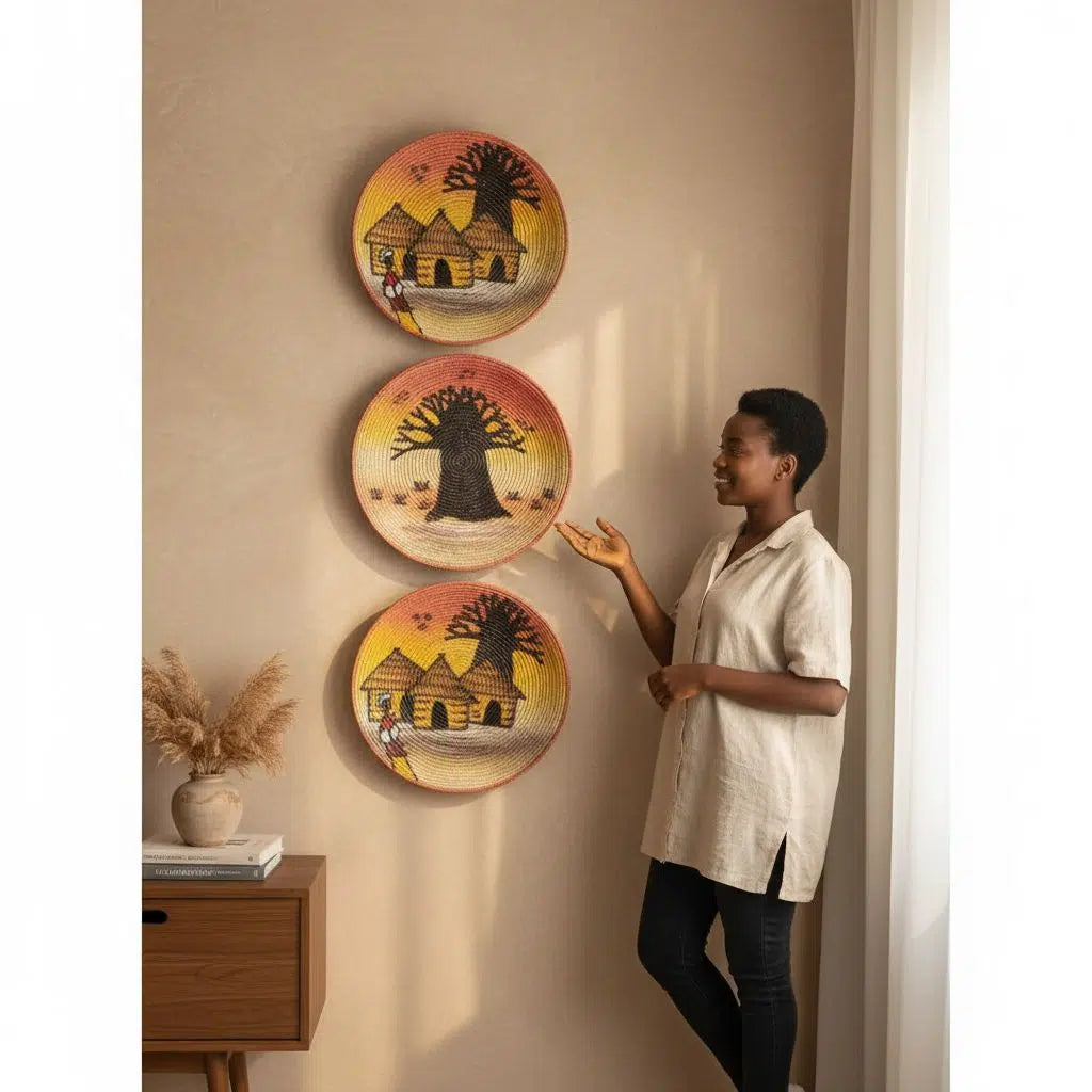Plateau mural décoration africain artisanal en fibres naturelles, peint à la main Pack de 3