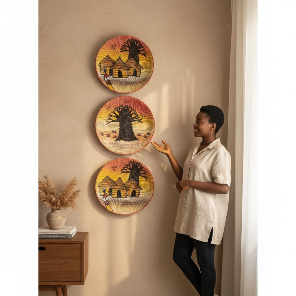 Plateau mural décoration africain artisanal en fibres naturelles, peint à la main Pack de 3