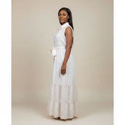 Robe paysanne à pois blanche et rose, longue fluide élégante femme été