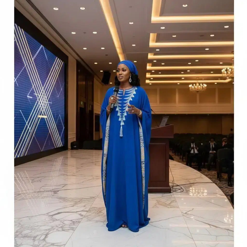 Boubou femme élégant bleu roi – Robe longue pagne tissé brodé cérémonie chic