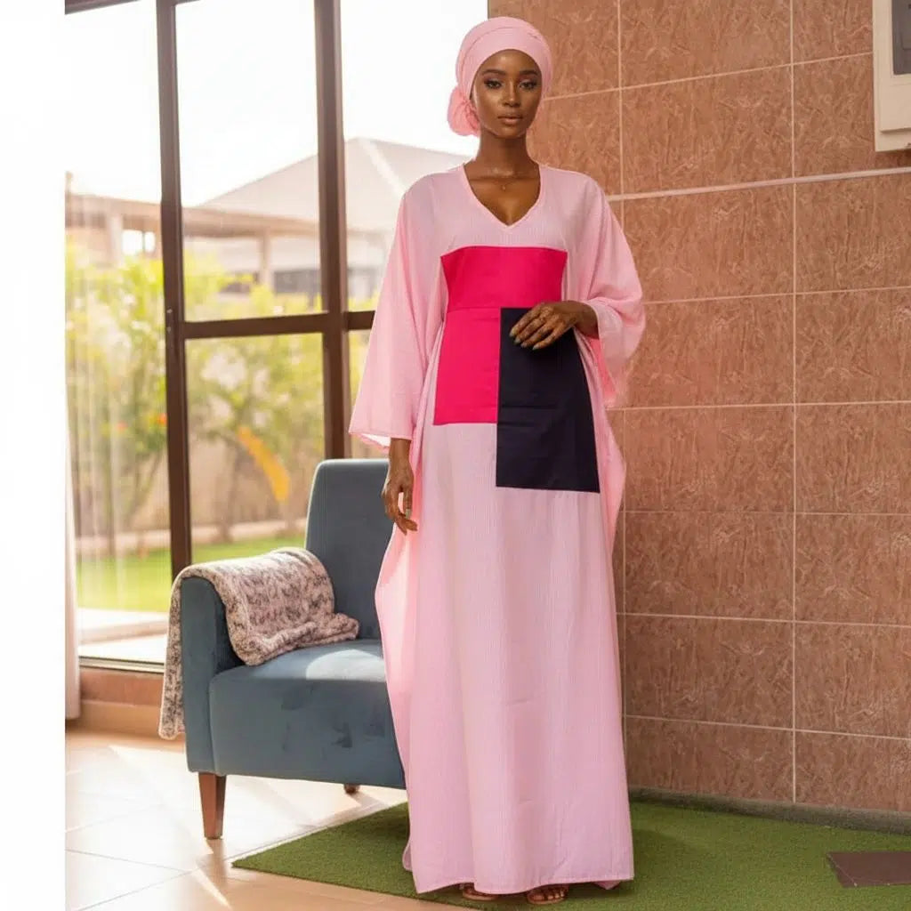 Tunique rose longue en coton avec turban