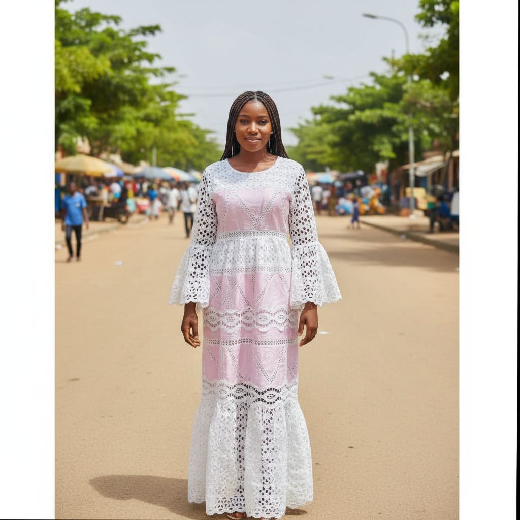 Robe bazin brodée blanche et rose bohème chic