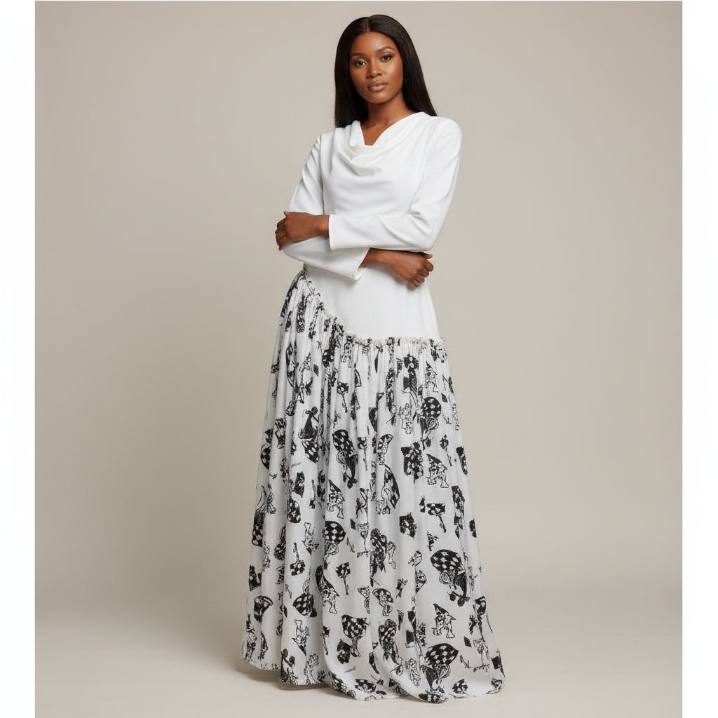 Robe longue femme élégante blanche et noire, asymétrique chic soirée