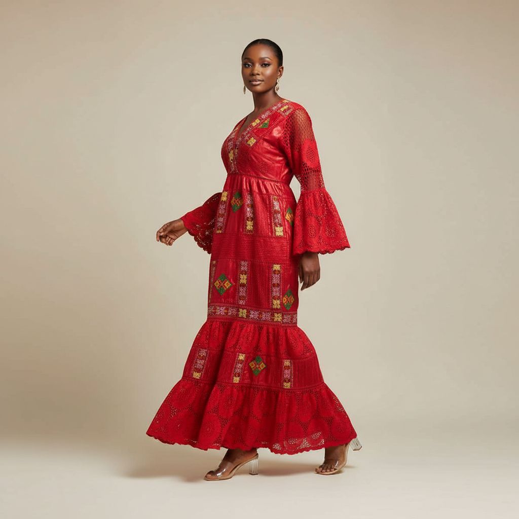 Robe geztner brodée rouge longue élégante, robe africaine femme cérémonie