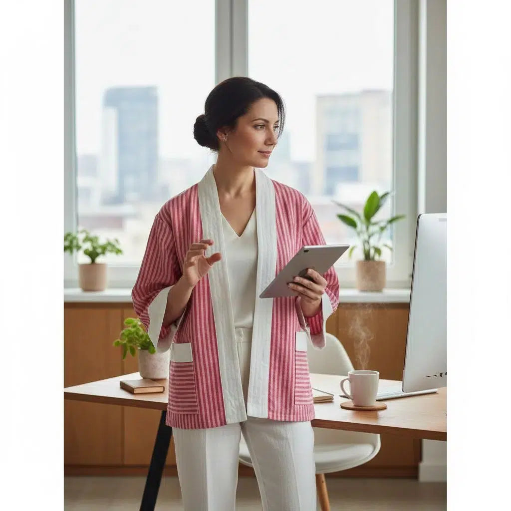 Kimono femme tissé main rose rouge – Veste kimono moderne chic, fait main unique