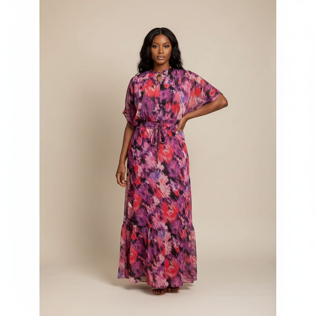 Robe longue femme imprimée fuchsia motifs abstraits et top assorti chic