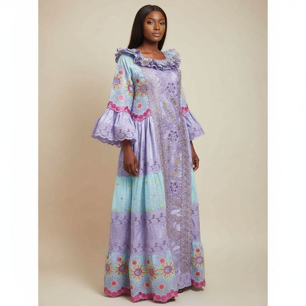 Robe bazin brodée femme élégante, longue cérémonie, couleurs vives