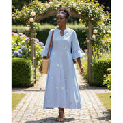 Robe coton rayée femme bleu clair avec broderie en fleurs