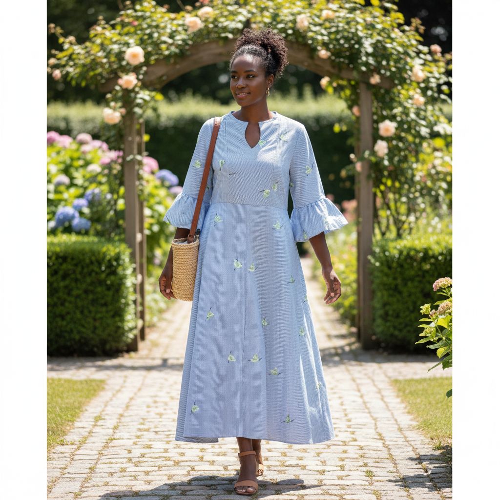 Robe coton rayée femme bleu clair avec broderie en fleurs