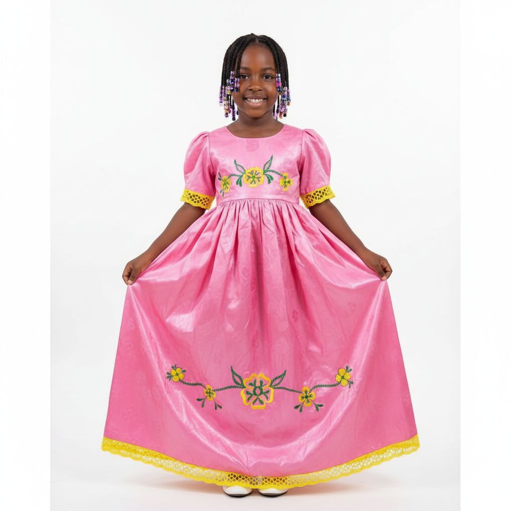 Robe fille cérémonie rouge brodée bazin riche