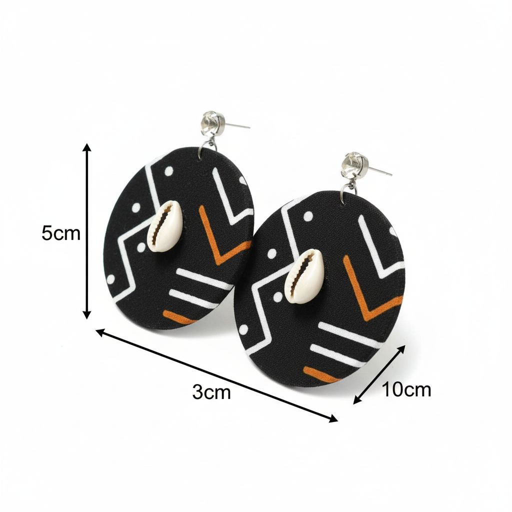 Boucles d’oreilles africaines bogolan noir cauris – Bijoux ethniques femme