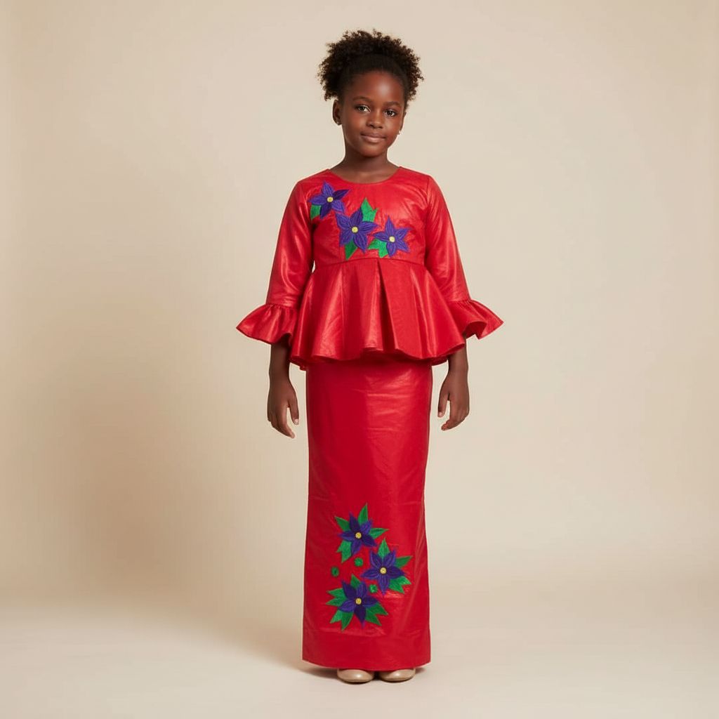 Ensemble cérémonie fille rouge 8 ans, jupe et haut floral chic élégant