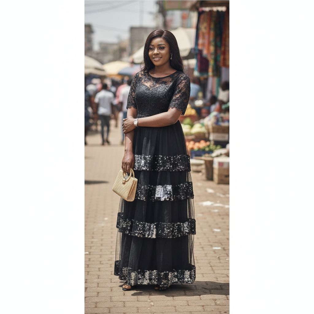 Robe soirée noire sequins longue tulle élégante, chic et brillante femme