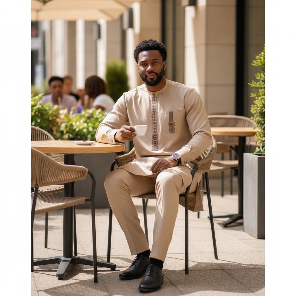 Ensemble homme tunique et pantalon beige kaki brodé