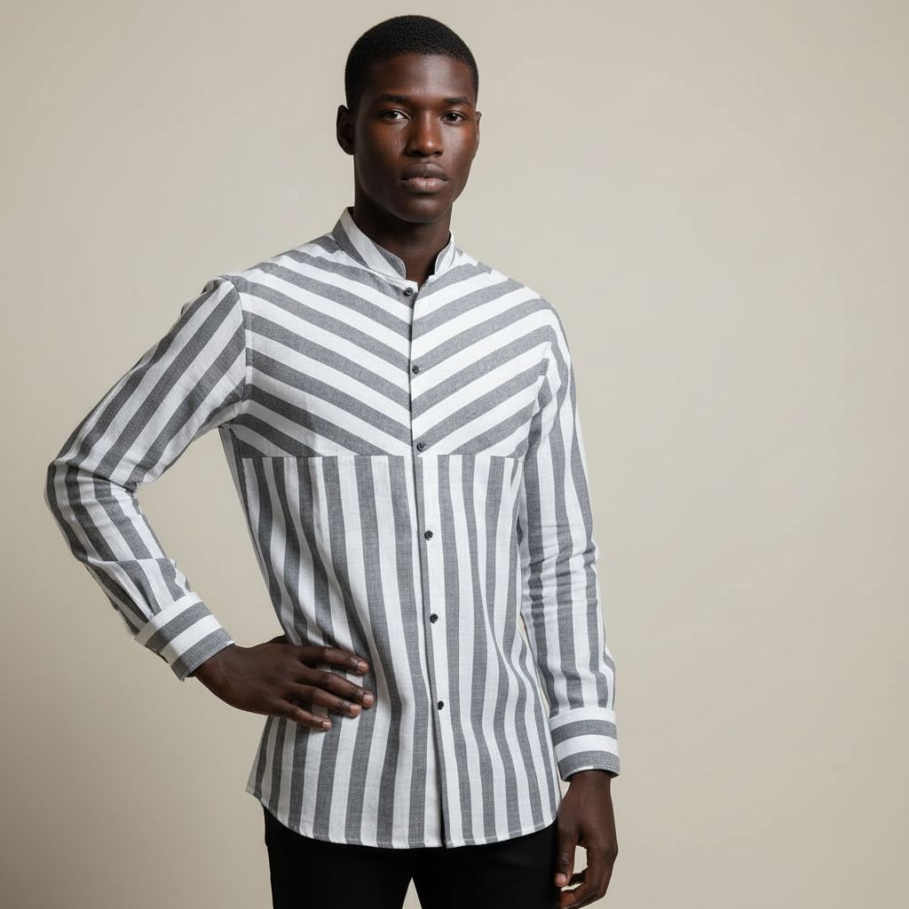 Chemise homme élégante rayée gris et blanc col mao coupe ajustée chic