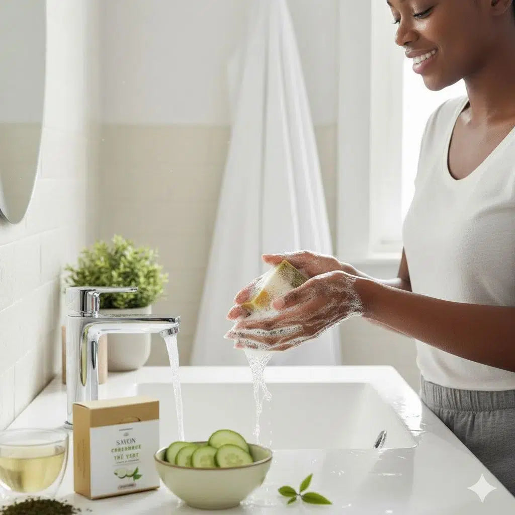 Savon Concombre Thé Vert – Naturel, Artisanal, Visage Éclat &amp; Peau Sensible