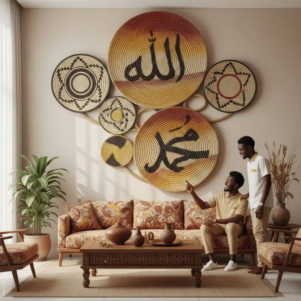 Décoration murale arabe en osier tressé avec calligraphie islamique