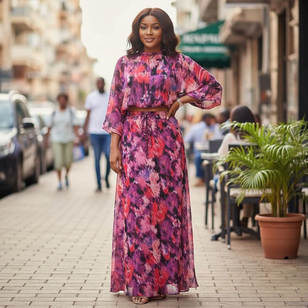 Robe longue femme imprimée fuchsia motifs abstraits et top assorti chic