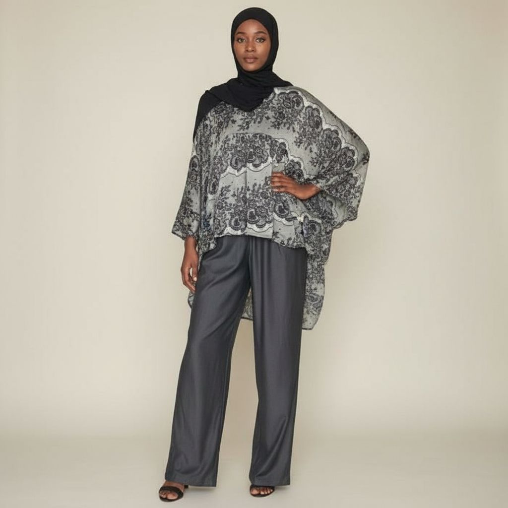 Ensemble pantalon femme élégant noir et gris, coupe ample et fluide chic