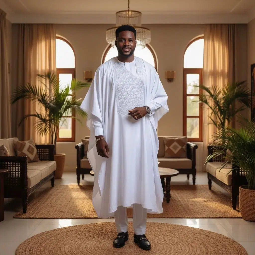 Boubou homme blanc brodé Ensemble en 3 pièces noir et blanc