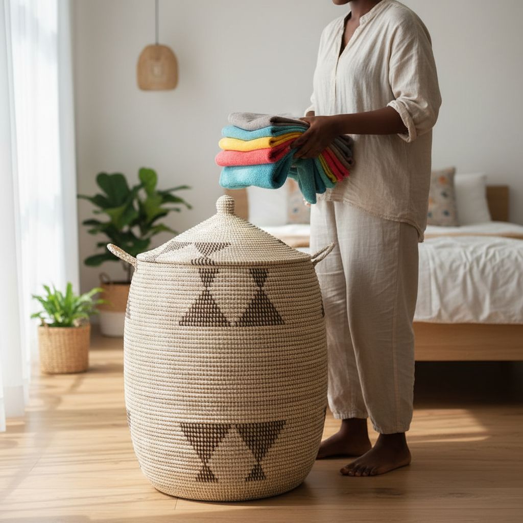 Panier à linge grande capacité africain tressé beige, robuste et décoratif
