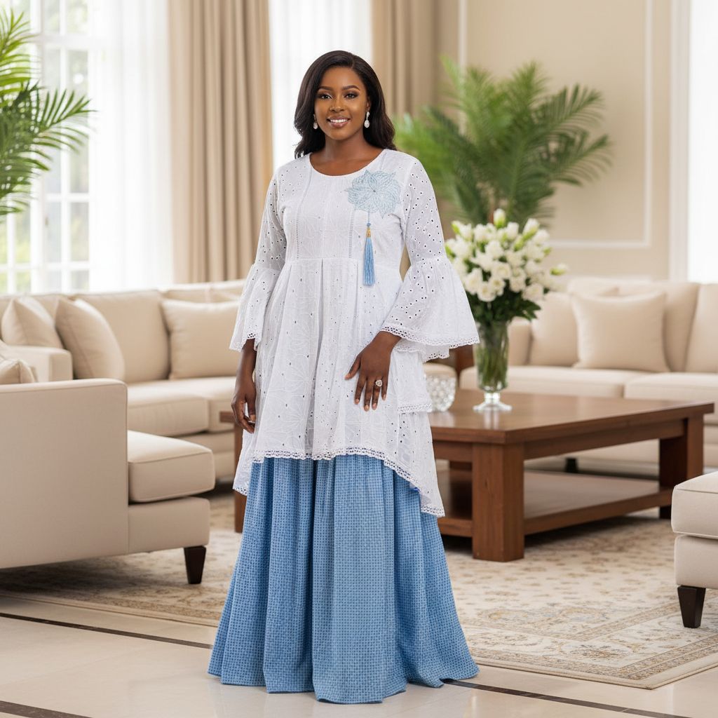 Ensemble deux pièces femme bohème chic : jupe longue bleue et haut blanc