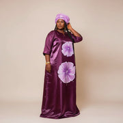 Robe peinte à la main en satin violet, longue fleurs, élégante cérémonie