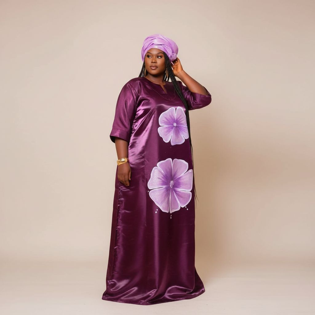 Robe peinte à la main en satin violet, longue fleurs, élégante cérémonie