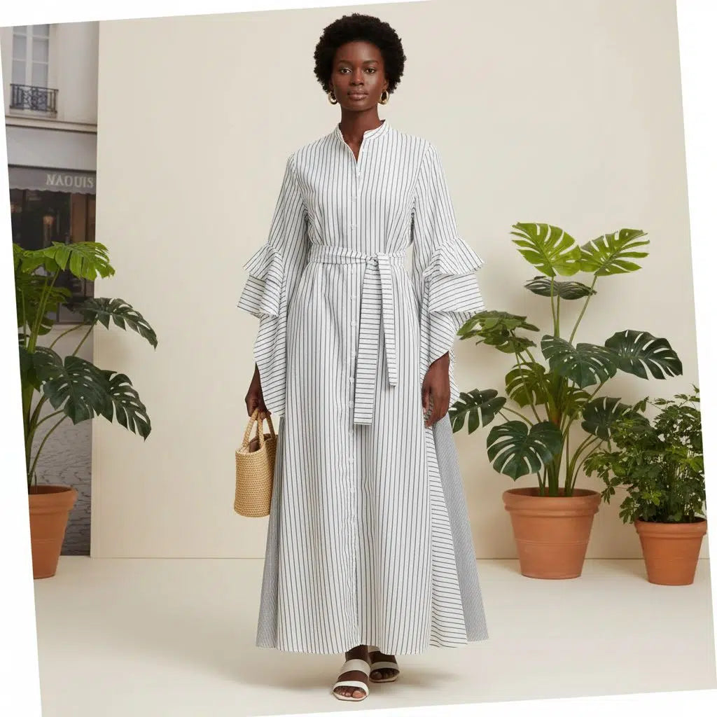 Robe longue femme élégante blanche et grise, fluide à rayures, chic et ceinturée