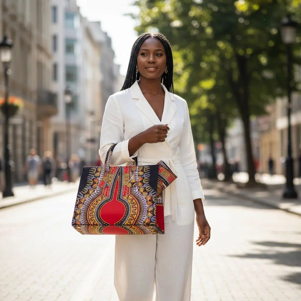 Sac à main wax africain femme – Grand sac ethnique chic motifs rouges et noirs