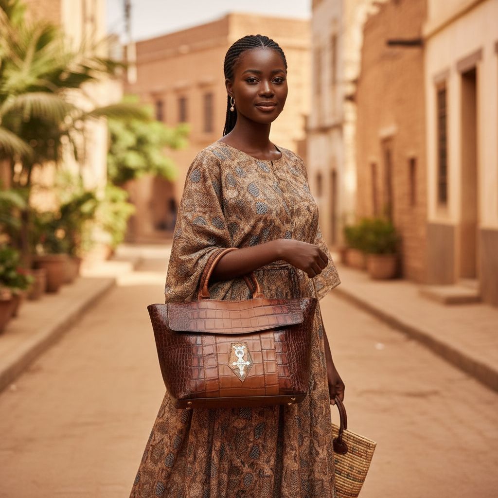 Sac à main cuir femme fait main marron, croix Agadez, style croco luxe