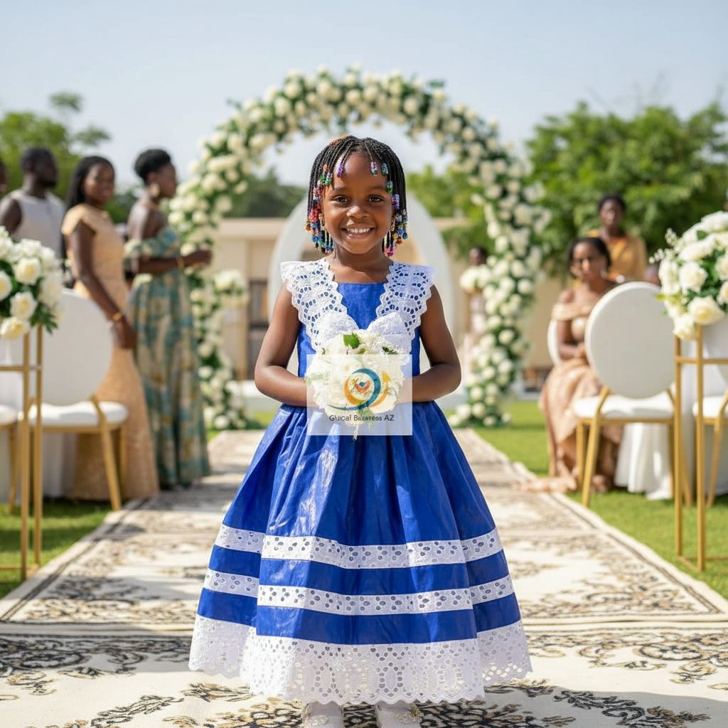 Robe cérémonie fille 4 ans bazin bleu brodée blanche