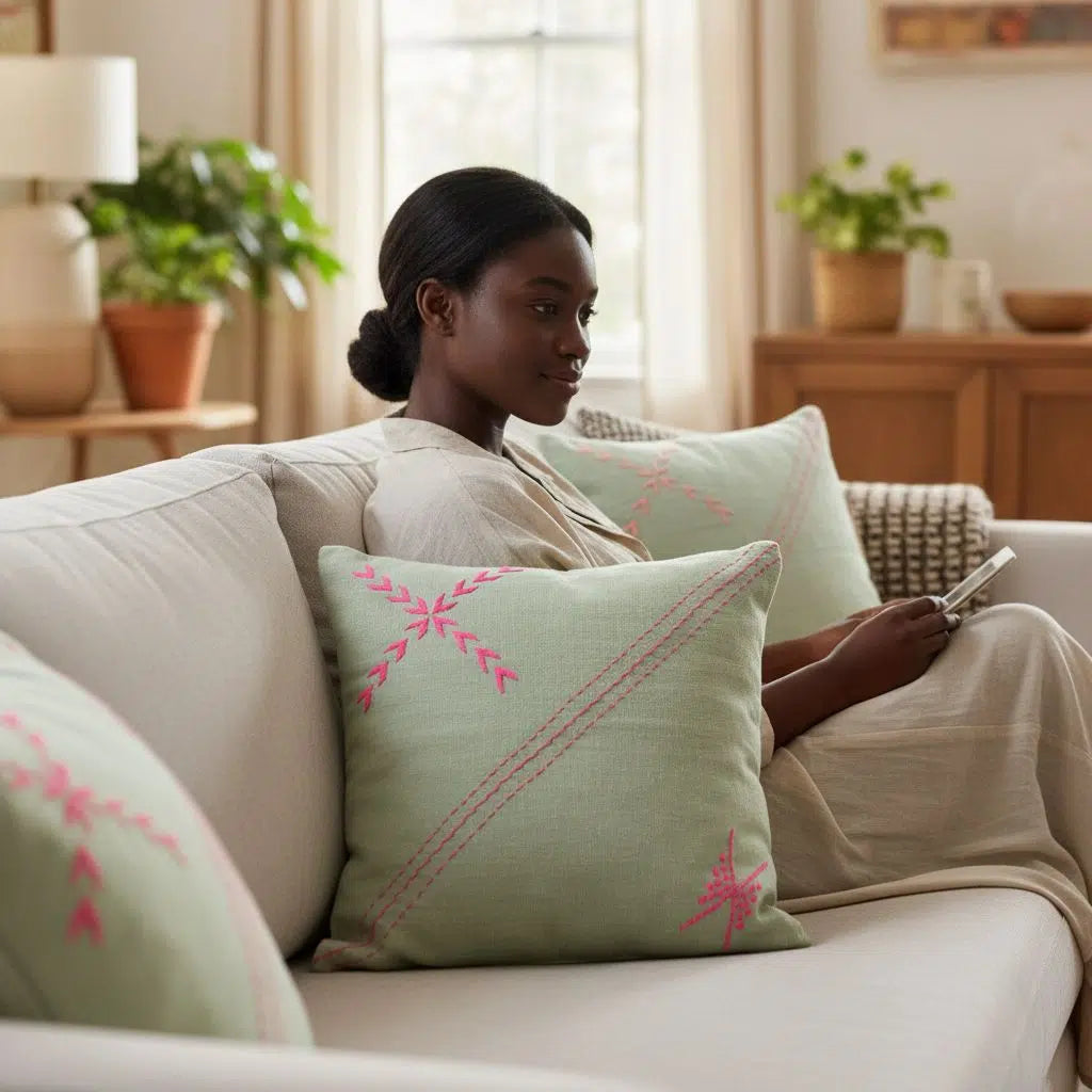 Coussin décoratif artisanal brodé main vert et rose – Design moderne canapé