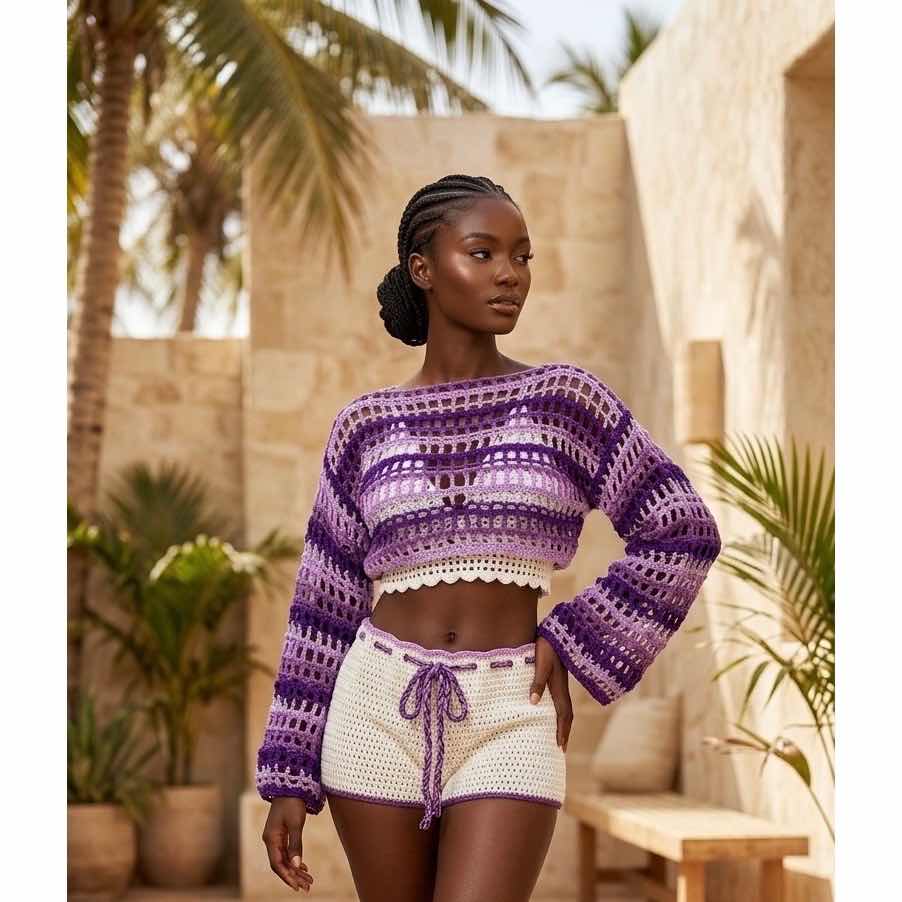 Ensemble crochet femme blanc et violet, set plage chic short et crop top