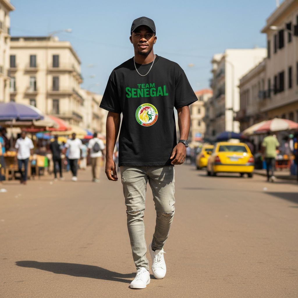 Tshirt Team Senegal – T-shirt supporter noir, coupe ample homme/femme