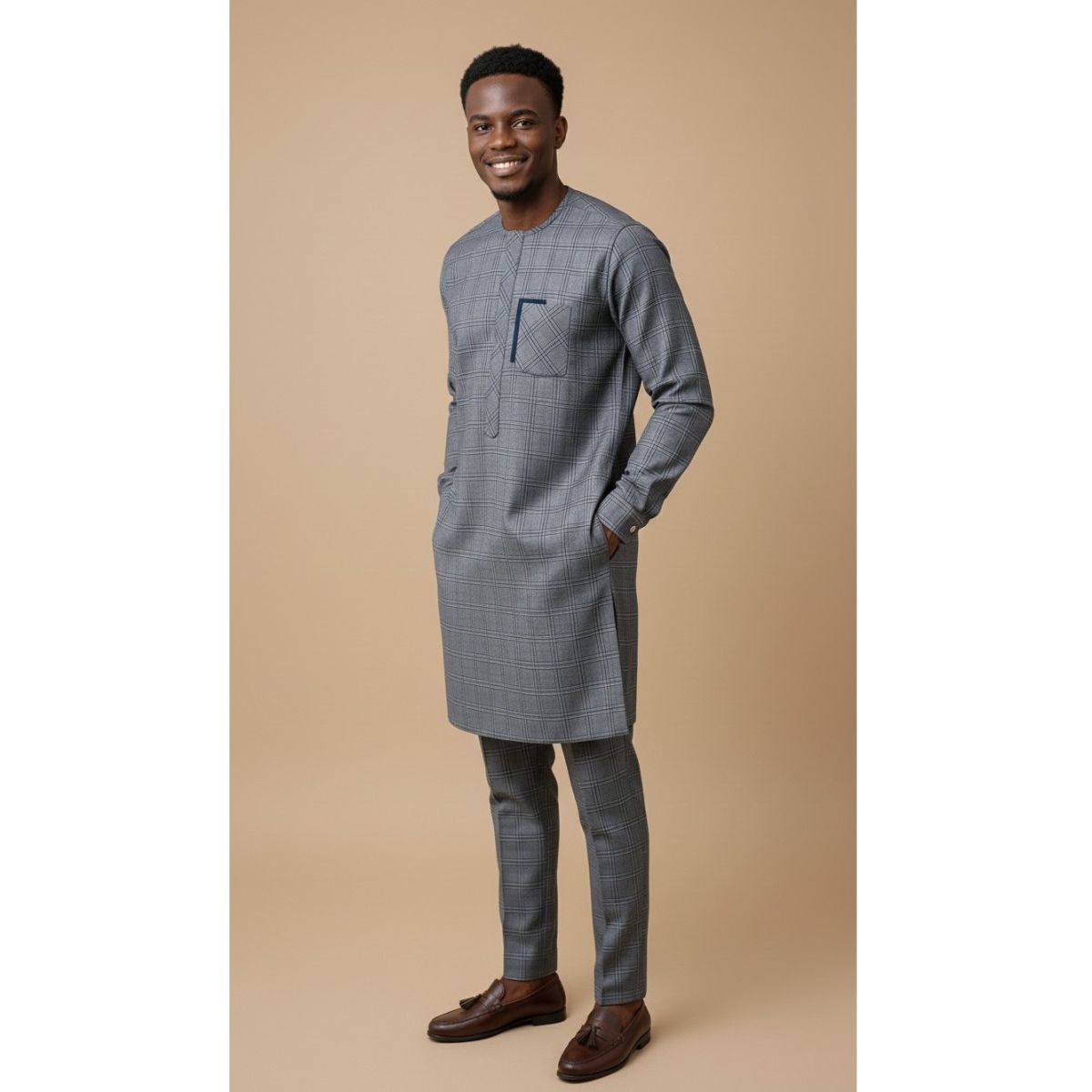 Ensemble homme élégant gris et bleu – Tunique et pantalon moderne chic