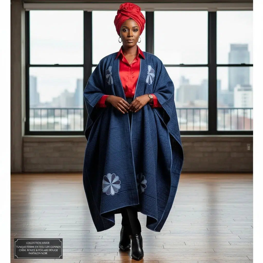 COLLECTION HYVER/Tunique africaine femme hiver avec chemise rouge, foulard et pantalon noir