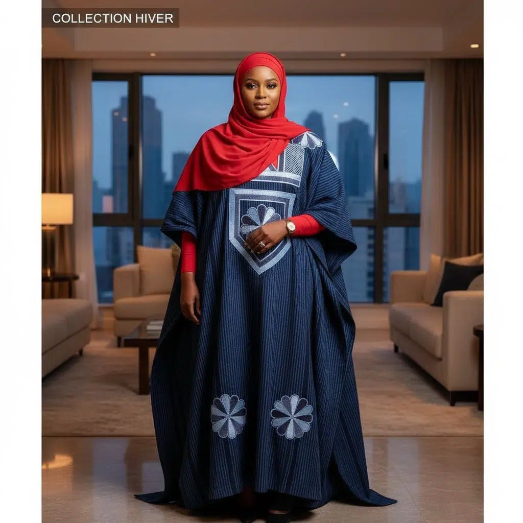 COLLECTION HYVER/Tunique africaine femme hiver avec chemise rouge, foulard et pantalon noir