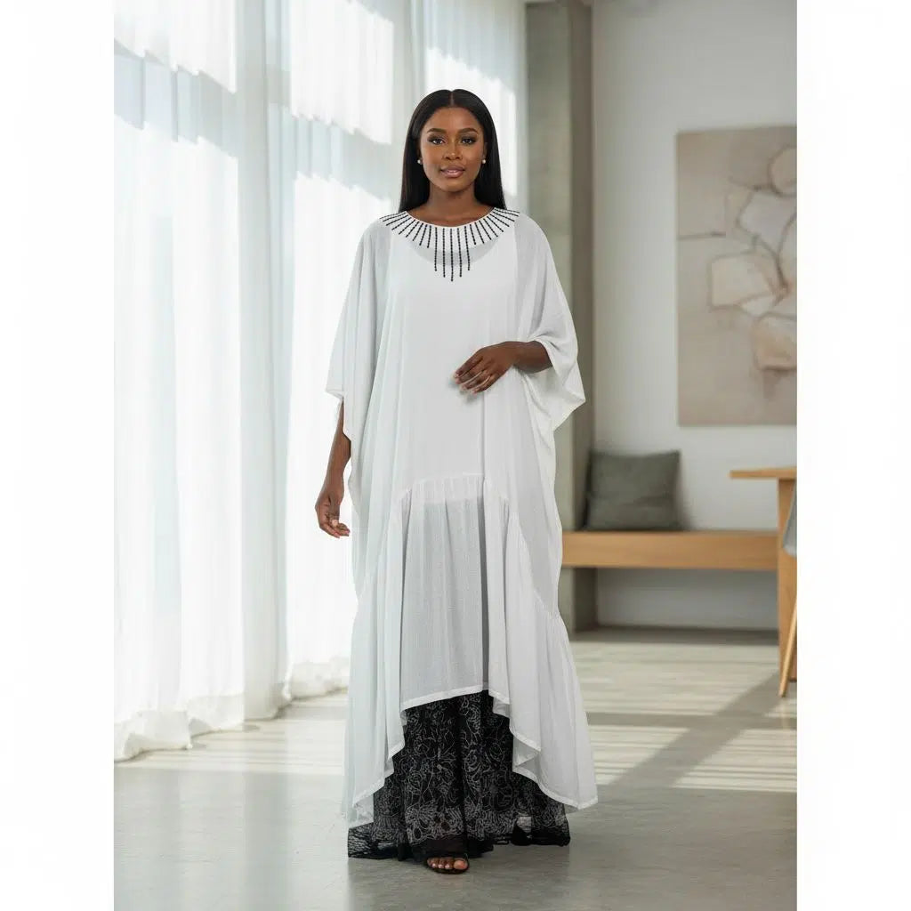 Tunique Amina Femme – Robe Longue Blanche Chic en Coton Brodé à la Main