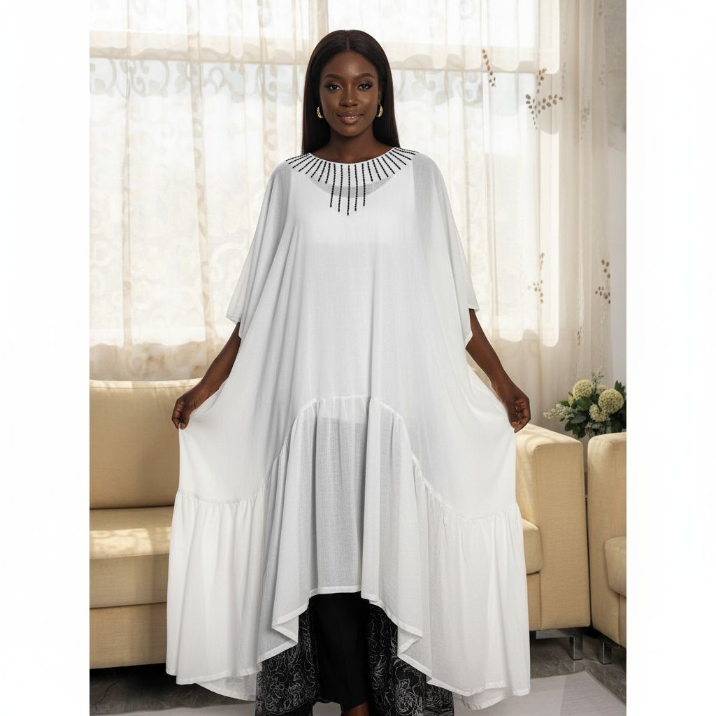 Tunique Amina Femme – Robe Longue Blanche Chic en Coton Brodé à la Main