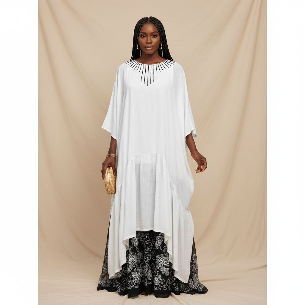 Tunique Amina Femme – Robe Longue Blanche Chic en Coton Brodé à la Main