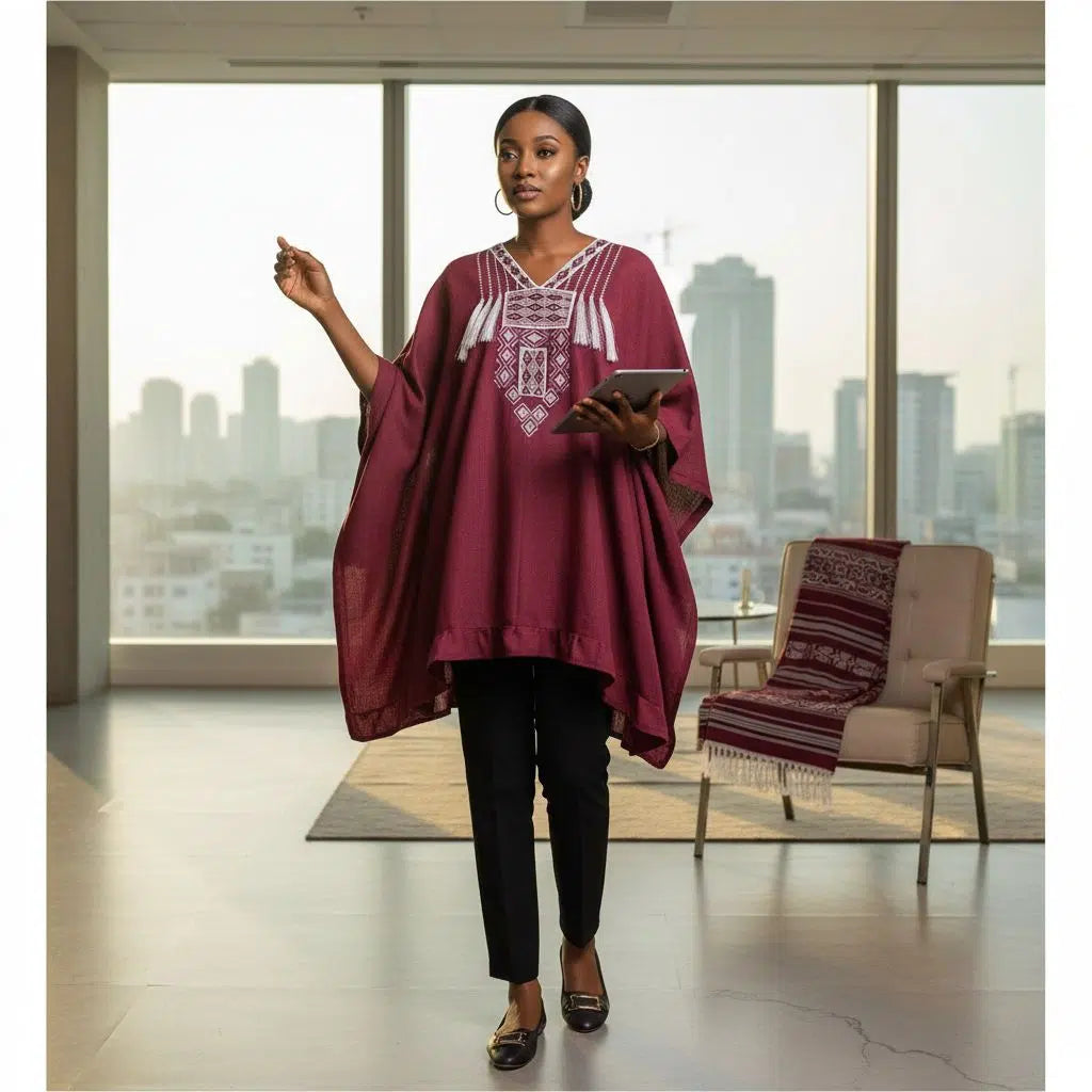 Tunique Femme Bordeaux en Lin Brodé - Élégance Ethnique Chic
