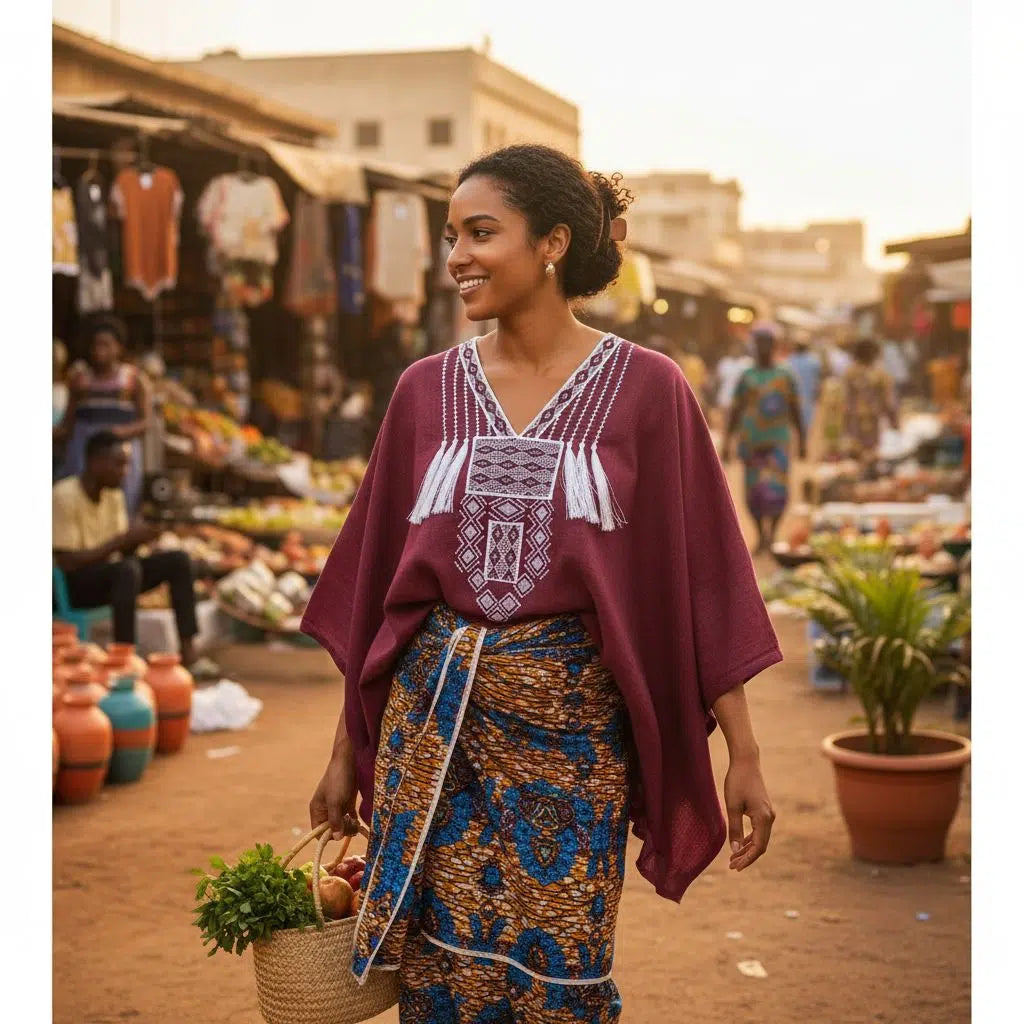 Tunique Femme Bordeaux en Lin Brodé - Élégance Ethnique Chic