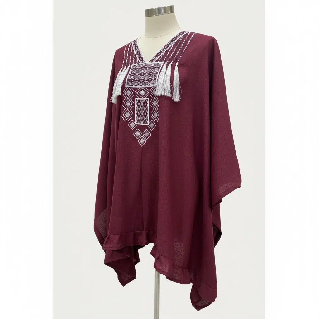 Tunique Femme Bordeaux en Lin Brodé - Élégance Ethnique Chic