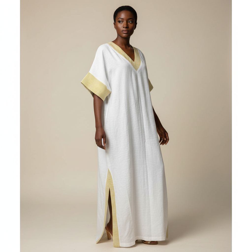 Tunique femme blanche élégante col V, ample coton lin, manches mi-longues