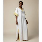 Tunique femme blanche élégante col V, ample coton lin, manches mi-longues