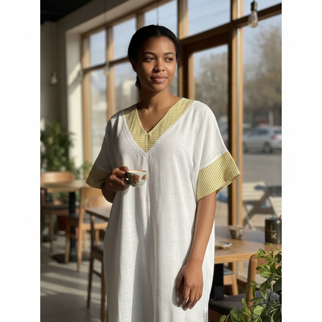 Tunique femme blanche élégante col V, ample coton lin, manches mi-longues