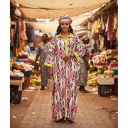 Tunique femme ethnique longue fluide coton, imprimé ikat, grande taille