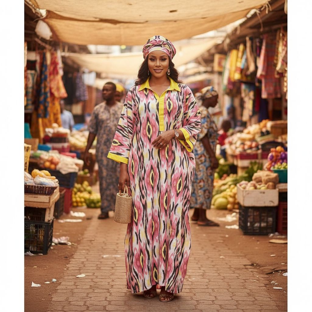 Tunique femme ethnique longue fluide coton, imprimé ikat, grande taille